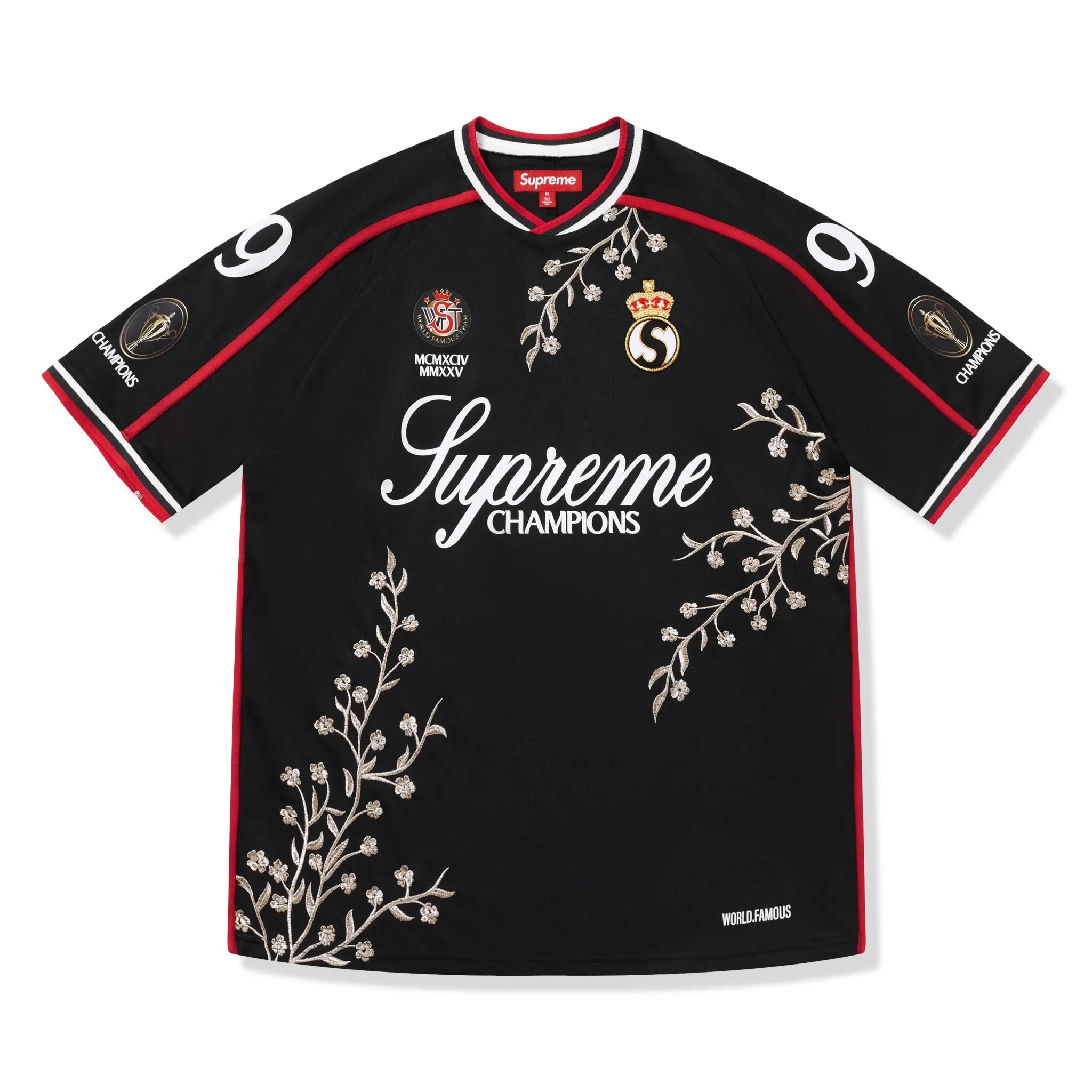Front View of Supreme Floral Black Soccer Jersey (FW25) FW25KN22-BLACK